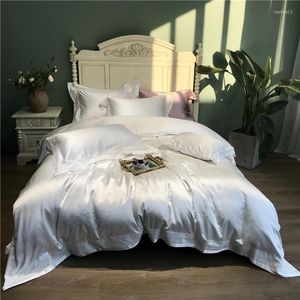 Set di biancheria da letto Federa in lenzuolo copripiumino in lino di colore bianco in cotone di seta super morbido 4 pezzi