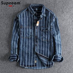 Mężczyzn Casual Shirts Supzoom Przyjazd Najlepsze modne marka odzież dżinsowa pełna odrzucona kołnierz otwarty ścieg Striped Men Chemise 230302
