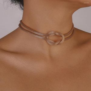 Choker GSOLD French Creative Hollow Mesh Knot Necklace For Women Handmade Double Strand Woman Golden Fashion Jewelry 2023