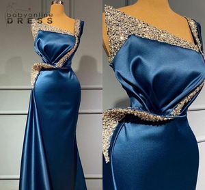 Królewska niebieska satyna syrena formalne sukienki wieczorowe dla kobiet kryształowe koraliki plus size imprezowe sukienki na imprezę szatą de małżeństwo BC11547