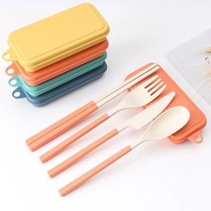Foldable Wheat Straw Spoon Fork Knife Chopsticks Cutlery Set With Box Removable Dinnerware For Outdoor Travel Picnic Tableware Custom LOGO