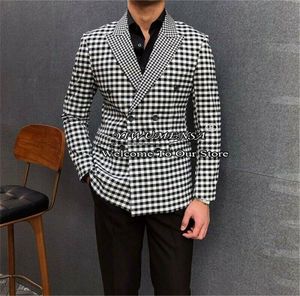 Men's Suits Blazers Vintage Plaid Suits Men Checkered Groom Tuxedos Male Fashion Clothes Slim Fit Double Breasted Blazers Set Prom Party Dress 230303