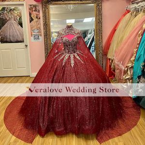 2022 Wine Red Bling Quinceanera Dresses With Warp Appliques Beaded 16 Girl Sweet Party Gowns Vestido De 15 Anos