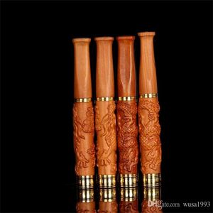 Smoking Pipes New golden silk carving technology solid wood cigarette holder removable copper head pull rod double filtration pipe