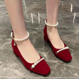 Scarpe eleganti Décolleté con cinturino alla caviglia con perline Donna Elegante tacco quadrato con perle da donna Tacchi alti in raso con punta piccola