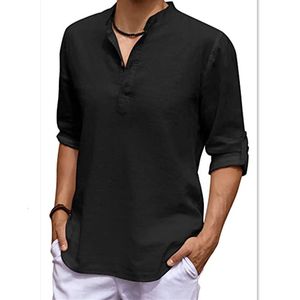 Camisas casuais masculinas de linho manga comprida com decote em v cor sólida botão havaiano yoga respirável top para 230302