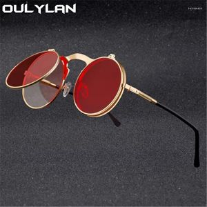 Sonnenbrille Oulylan Vintage Steampunk Flip Retro Runde Metall Sonnenbrille Für Männer Und Frauen Marke Designer Rote Brillen UV400Sunglasses Belo22