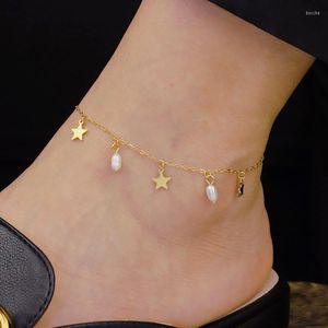 Ankletter sötvatten pärla pentagram anklet kvinnlig ins sommar k guld temperament nisch titan stål smycken