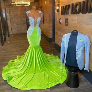 Seksi sırtsız siyah kızlar denizkızı balo elbiseleri limen yeşil veet dantel aplike kadın parti elbisesi vestido fiesta de boda