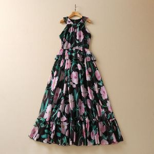 2023 Summer Black Floral Print Ruffle 4M Chiffon Dress Sleeveless Round Neck Midi Casual Dresses S3M020302