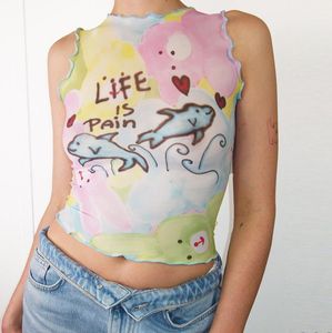 Sheer Crop En İyi Kadın T-Shirt Kızlar 90'lar Kolsuz Örgü Tank Top Denizyıldızı Yunus Dolphin Grafik Baskı Yaz Kami Yelek Tee