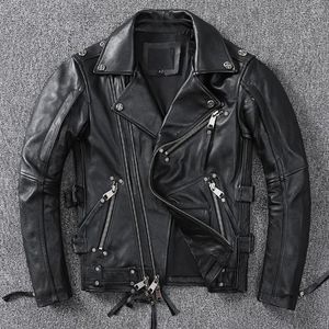 Men's Leather Black Motorcycle Jacket Men Natural Genuine Cowhide Slim Fit Vintage Brown Mens Biker Racer Jackets Oblique Zipper S-5XL