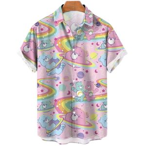 Erkek Polos Hawaii Gömlekler Gökkuşağı Ayı Kawaii Tops Ropa Hombre Verano Sıradan Sevimli Büyük Boy Kadın Camisa Manga Corta 230303