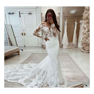 auto dvr Abiti da sposa a sirena Eleganti maniche lunghe in pizzo Boho Sheer Tle Applique Bianco avorio Abiti da sposa su misura con bottoni rossi Dro Dheky