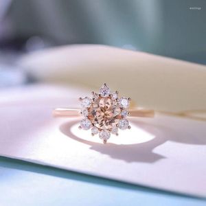 Cluster Rings Solid 14K Rose Gold Morganite And Moissanite Floral Engagement Ring For Women Anniversary Gift Promised