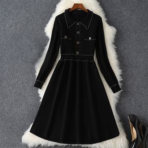 Spring Long Sleeve Lapel Neck Black Dress Solid Color Knitted Panelled Buttons Knee-Length Elegant Casual Dresses 21S138B435