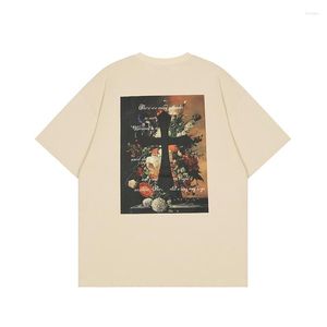 Camisetas masculinas retro Floral Cross Print Algodão curta de manga curta e feminina Hip-hop High Street Loose T-shirt