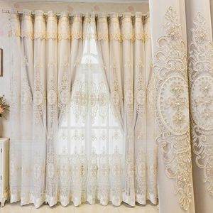 Curtain Luxury Embossed Flower Embroidered Double Layer Blackout Curtains 3D Floral Pearl Sheer Tulle Living Room Bedroom Drapes Custom