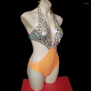 Stage Wear Sexy Backless V-neck Rhinestones Bodysuit Acrobatic Performance Costume Women Dancer Nightclub Bar Pole Dance Bikini