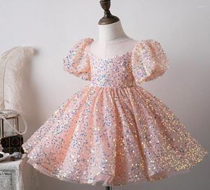 Girl Dresses Puffy Shining Flower Dress Pretty Princess First Communion Short Sleeves Wedding Party Gown