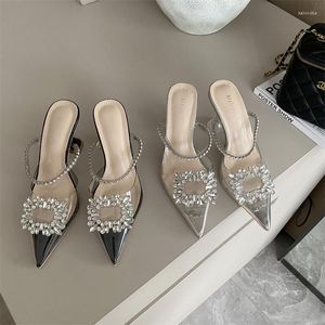 Slippers PVC Women Women Rhinestone Crystal Buckle Slip raso em saltos altos de saltos altos sapatos de vestido prateado Mulher 39