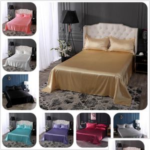 Sängkläder sätter 18 färger Luxury Satin Silk Flat Bed Sheet Set Single Queen Size King Bed Bread er Linen Sheets Double Fl y 201113 Drop Dho4a