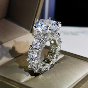 Coquetel Espumante Jóias de Luxo Prata Esterlina 925 Grande Corte Redondo Branco Topázio CZ Diamante Promessa Feminino Aliança de Casamento Anel2596