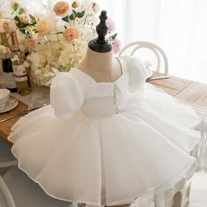 Vestidos da menina vestido de princesa novo branco gola quadrada manga bolha bebê meninas vestido para flor menina festa de aniversário de casamento roupas infantis