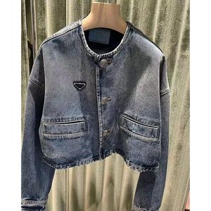 Designer Triangle Label PD23 New Denim Jackets Fashion Women's Crew Neck Button Pocket Short