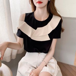 Kadın bluzları kısa kollu Koreli bluz kadınlar Blusas mujer de moda 2023 verano zarif fırfırlar o yaka siyah gömlek üstleri