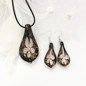 Halskette-Ohrringe-Set, 1 handgefertigter Murano-Glas-Rosa-Blumen-Jinsha-Wassertropfen-Anhänger-Ohrring, ethnischer Stil, Schlüsselbein-Kettenschmuck
