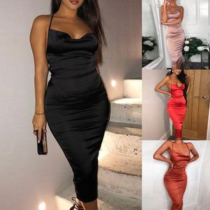 Casual Dresses Women Sexy Sleeveless Halter Bodycon Satin Midi Long Dress Criss-Cross Bandage Backless Empire Waist Cocktail Clubwear