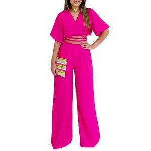 spring summer Womens two piece pants deep v-neck tops and High-waisted wide-leg pants sne0362 Designer pure color Casual fashion street trousers suit