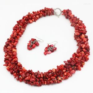 Halsband örhängen set mode kvinnor örhänge smycken naturlig sten röd korall 9-11mm oregelbundet grus chip pärla halsband 18 