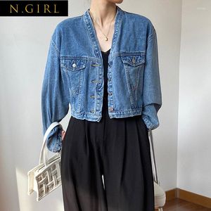 Kvinnors jackor n flickor streetwear kvinnor denim jacka blå v hals vintage jean beskuren kvinna 2023 koreansk stil lös ytterkläder kvinnlig