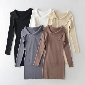 Casual Dresses Slim Short Sticke Elastic Dress Autumn Winter 2023 Sexig One Off Shoulder Girl Hip Wrapped Kirt Women Solid Color