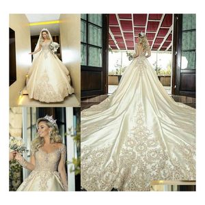 car dvr A-Line Wedding Dresses Luxury Sheer Long Sleeves Aline Lace Applique Beaded Bridal Gowns Formal Garden Robe De Marriage Plus Size Dr Dhfed