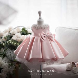 Mädchenkleider Kleinkind Weiß Hochzeit Satin Prinzessin Baby Mädchen Kleid Schleife 1 Jahr Geburtstag Abendparty Neugeborenes Taufkleid für Mädchen Kleidung