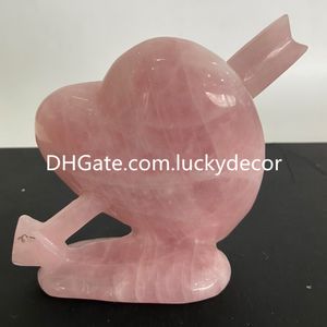 Rose Quartz Heart With Cupid Arrow Sculpture Gift para Anniversary de Casamento Mão esculpida rosa rosa Cristal romântico Estátua de pedras preciosas de pedras preciosas estatuetas