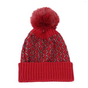 Berretti da donna lavorati a maglia moda invernale cappelli stampa argento cappello da sci caldo procione palla di pelo con copriorecchie più caldo per uomo