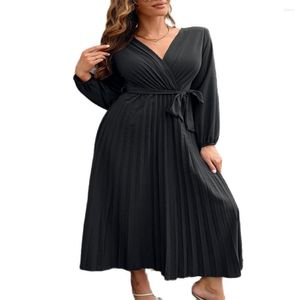 Casual Dresses Autumn 2023 Europe-USA Style Elegant Women Elastic Waist Cross V-Neck Lace-Up Lantern Sleeve Big Pendulum Pleated Dress