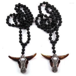 Charking Moodpc Fashion Black Lava e pedras longas atadas artesanais colar de cabeça de touros pavimentados para mulheres