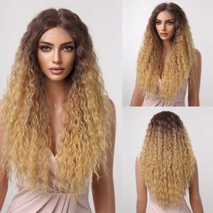 Синтетические парики Easihair Deep Wave Lace Front Synthetic Wigs Long Brown Blonde Ombre Natural Wig для женщин косплей Теплостойкий 230227