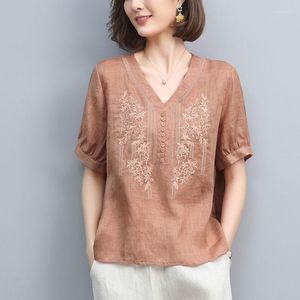 Kvinnors blusar 2023 Summer Button Chinese Style Loose Pullover Shirts LINEN LACE Women Vintage tunna toppar V-ringning Halvhylsa