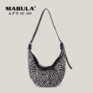 Bag Luggage Making Materials MABULA Canvas Half Moon Women Shoulder s With Zebra Pattern Large Capacity Crossbody Chest Fashion Purses 230303