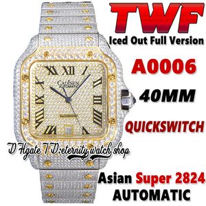 TWF TWSA0009 Mens relógio de diamantes pavimentados ETA A2824 Automático totalmente gelado diamante Diamante dois tons Roman Roman Switch Quick Switch Aço Bracelet