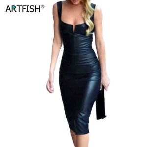 Casual Dresses 20222 Spring Women Sexy Pu Leather Dress Elegant Formal Party Office Lady Midi Dress V Neck blixtlås Black Strap Clubwear M0585 Z0216