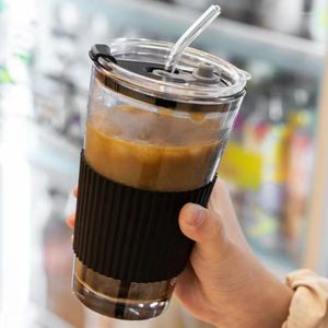 Vinglas 450 ml med halmlock Glas kaffekopp Tjock mugg mjölkjuice dricker resor tätade icke-halkuppsättningar återanvändbart vatten