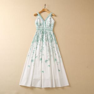 2023 Spring Floral Print Panelled Cotton Backless Dress Multicolor Spaghetti Strap V-Neck Midi Casual Dresses S3F280224 Plus Size XXL