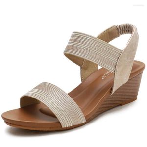 Sandaler 2023 Summer Elastic Band Shoes Women Retro Women's Beach Round Toe Bekväma 5 cm kilar klackar Lätt avslappnad